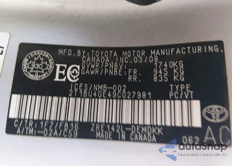 2009 Toyota Corolla Ce из США, поврежденный, VIN 2T1BU40E49C027981